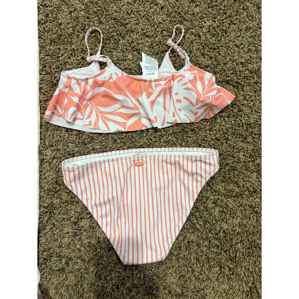 Roxy Girl Kids Size 14 Two Piece Bikini Swimsuit Coral White Floral Striped